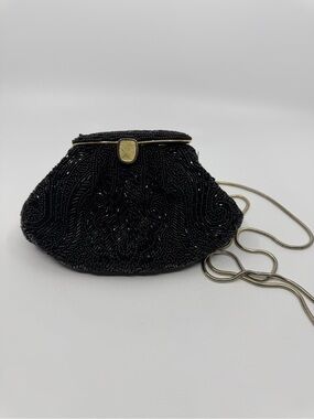 La Regale Black Beaded Evening Shoulder Bag with Gold Chain